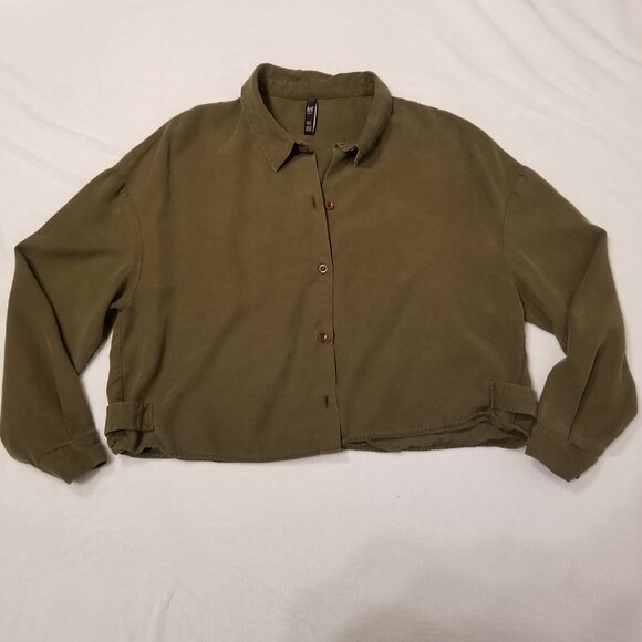 Cropped Button Down Shirt Long Sleeve Army Green Medium Zara TRF Collared Blouse - Picture 11 of 11